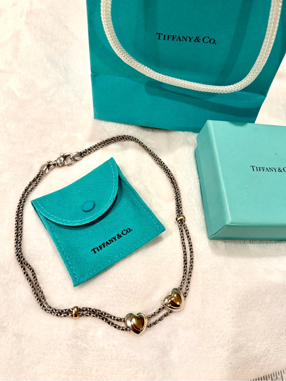 RARE! Tiffany Double Silver & Gold Heart Twist Chain Choker Necklace